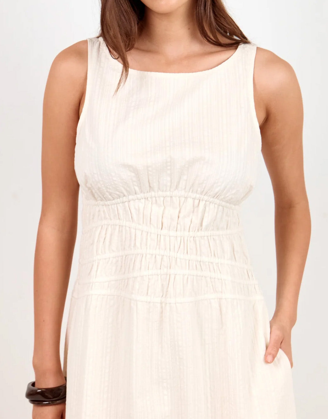 Lucent Sleeveless Abstract Shirring Midi Dress - Cream