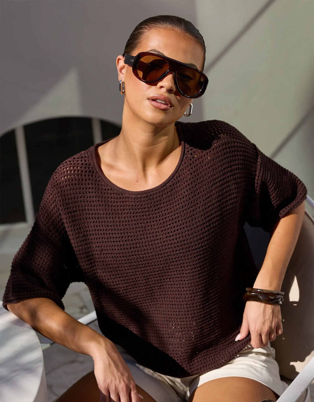 Sunrise Crochet Knit Top - Chocolate
