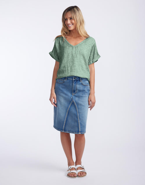 V Neck Calypso Linen Short Sleeve Top - Sage