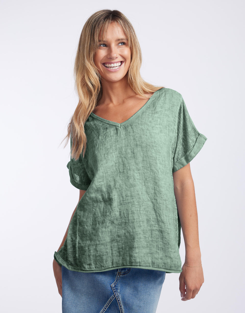 V Neck Calypso Linen Short Sleeve Top - Sage