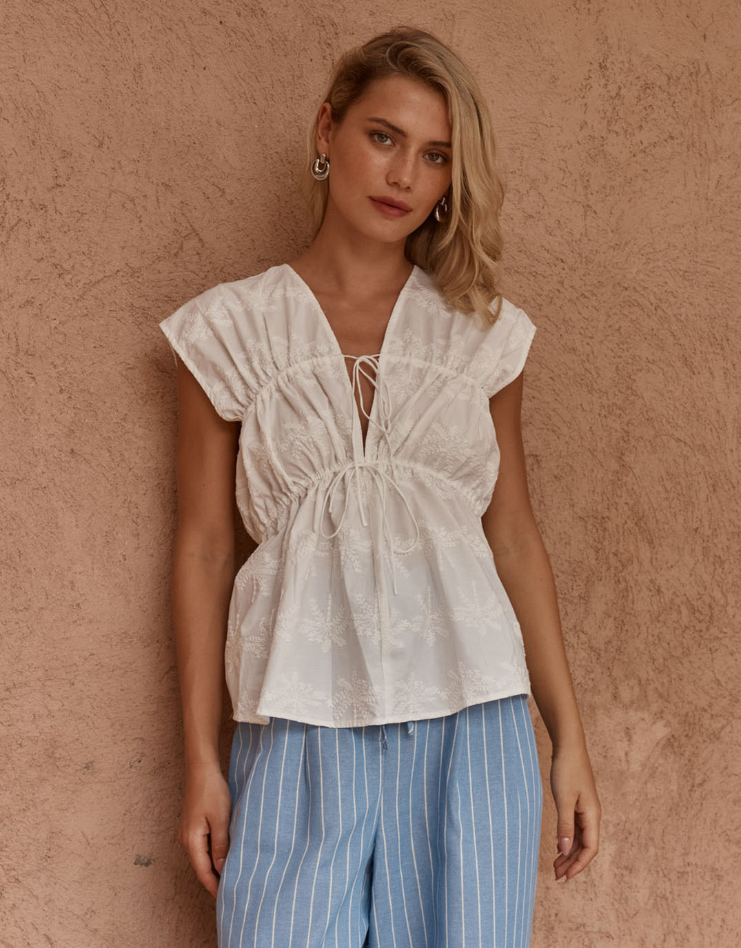 Bobbie Embroidered Tie Top - White
