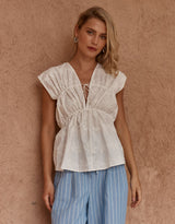 Bobbie Embroidered Tie Top - White