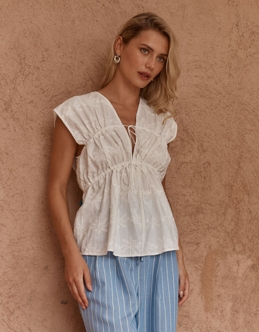 Bobbie Embroidered Tie Top - White