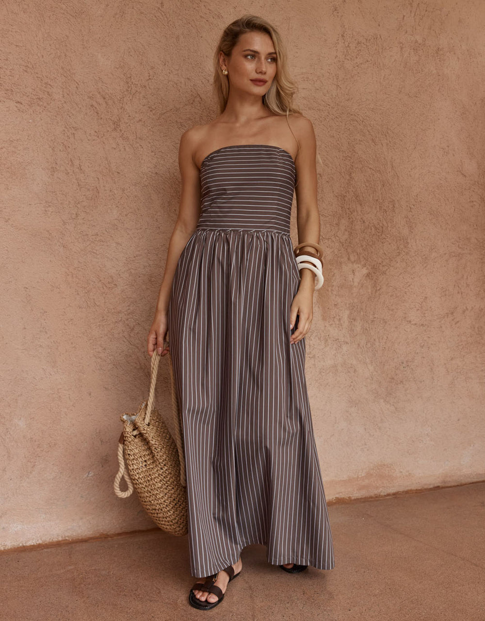 Everley Strapless Dress - Choc Stripe