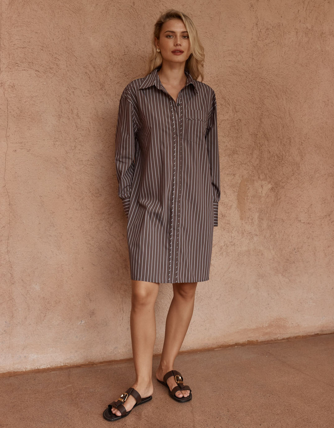 Mel Stripe Shirt Dress - Choc Stripe