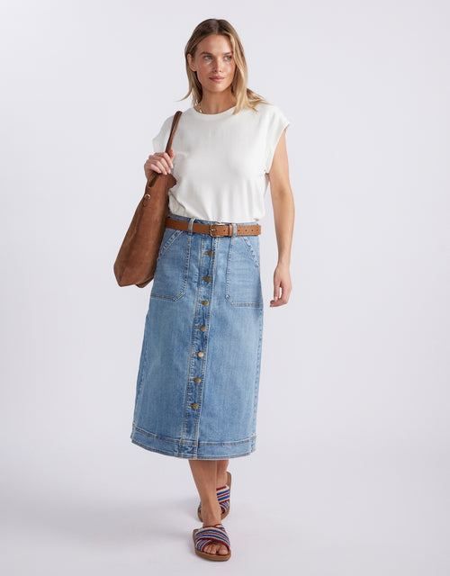 Stevie Midi Denim Skirt - Mid Wash