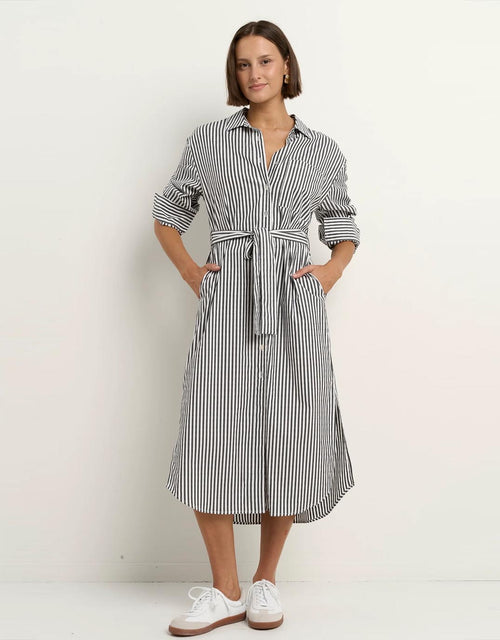stories-be-told-forward-cotton-midi-shift-dress-black-stripe-womens-clothing