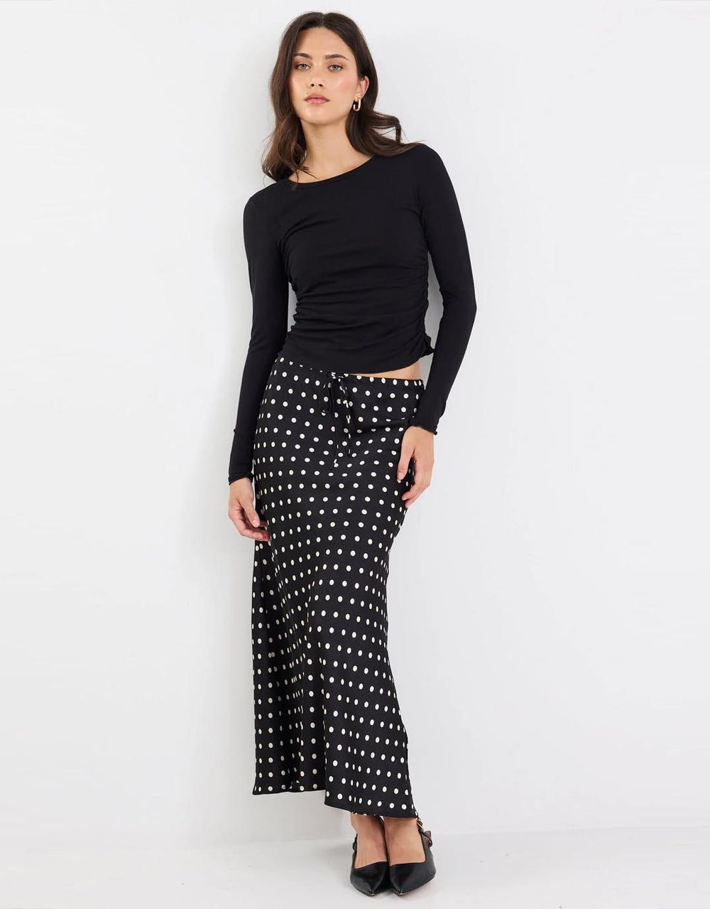 stories-be-told-rarity-satin-bias-maxi-skirt-black-white-polka-dot-womens-clothing
