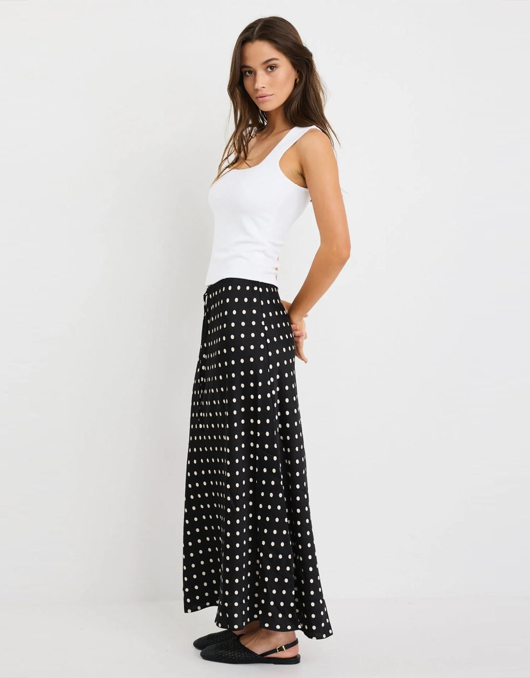stories-be-told-rarity-satin-bias-maxi-skirt-black-white-polka-dot-womens-clothing