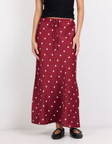 stories-be-told-rarity-satin-tie-waist-bias-maxi-skirt-winecream-polka-dot-womens-clothing