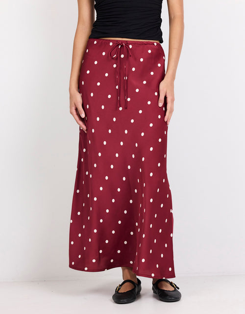 stories-be-told-rarity-satin-tie-waist-bias-maxi-skirt-winecream-polka-dot-womens-clothing