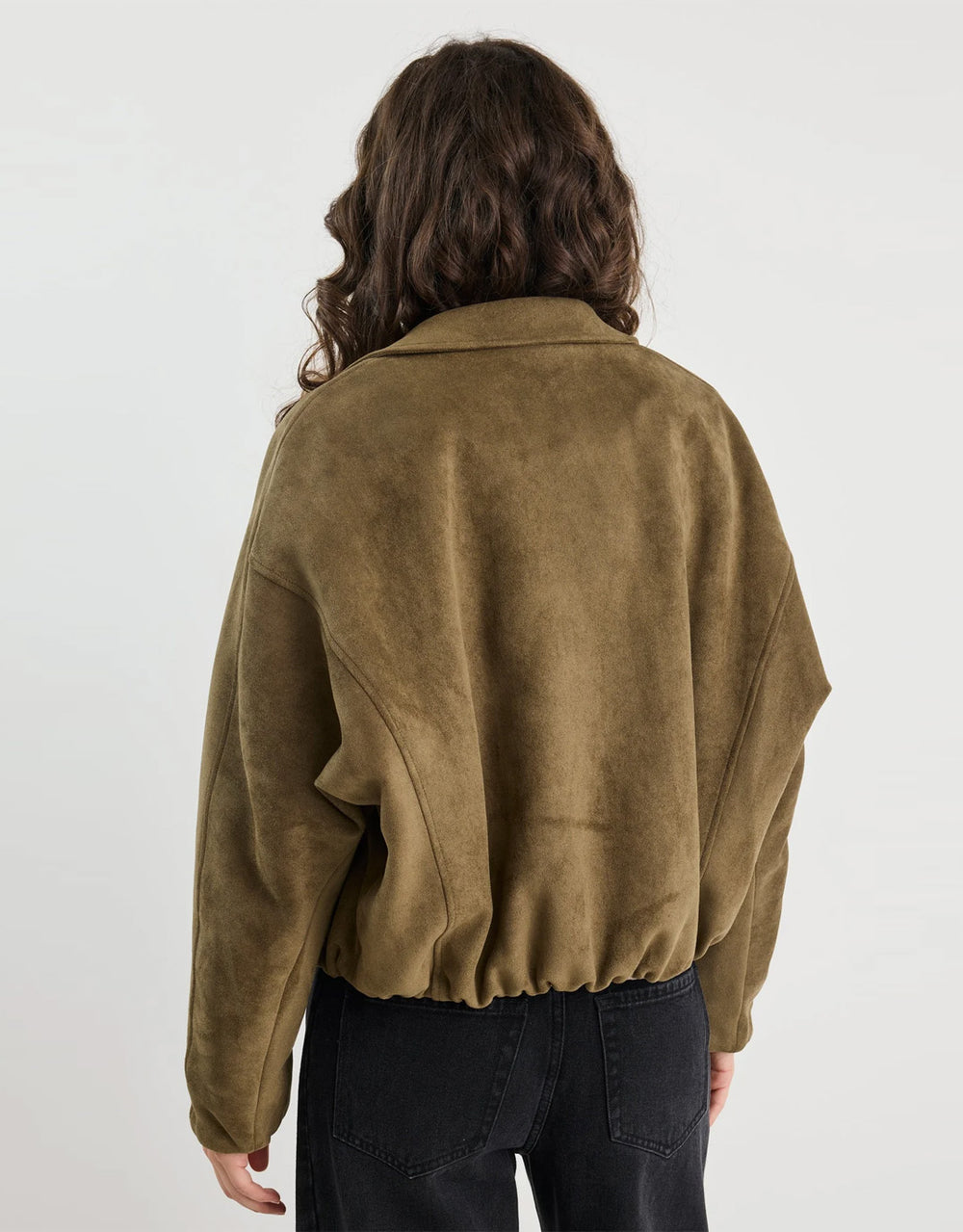 stories-be-told-troupe-faux-suede-zip-through-bubble-hem-bomber-jacket-khaki-womens-clothing