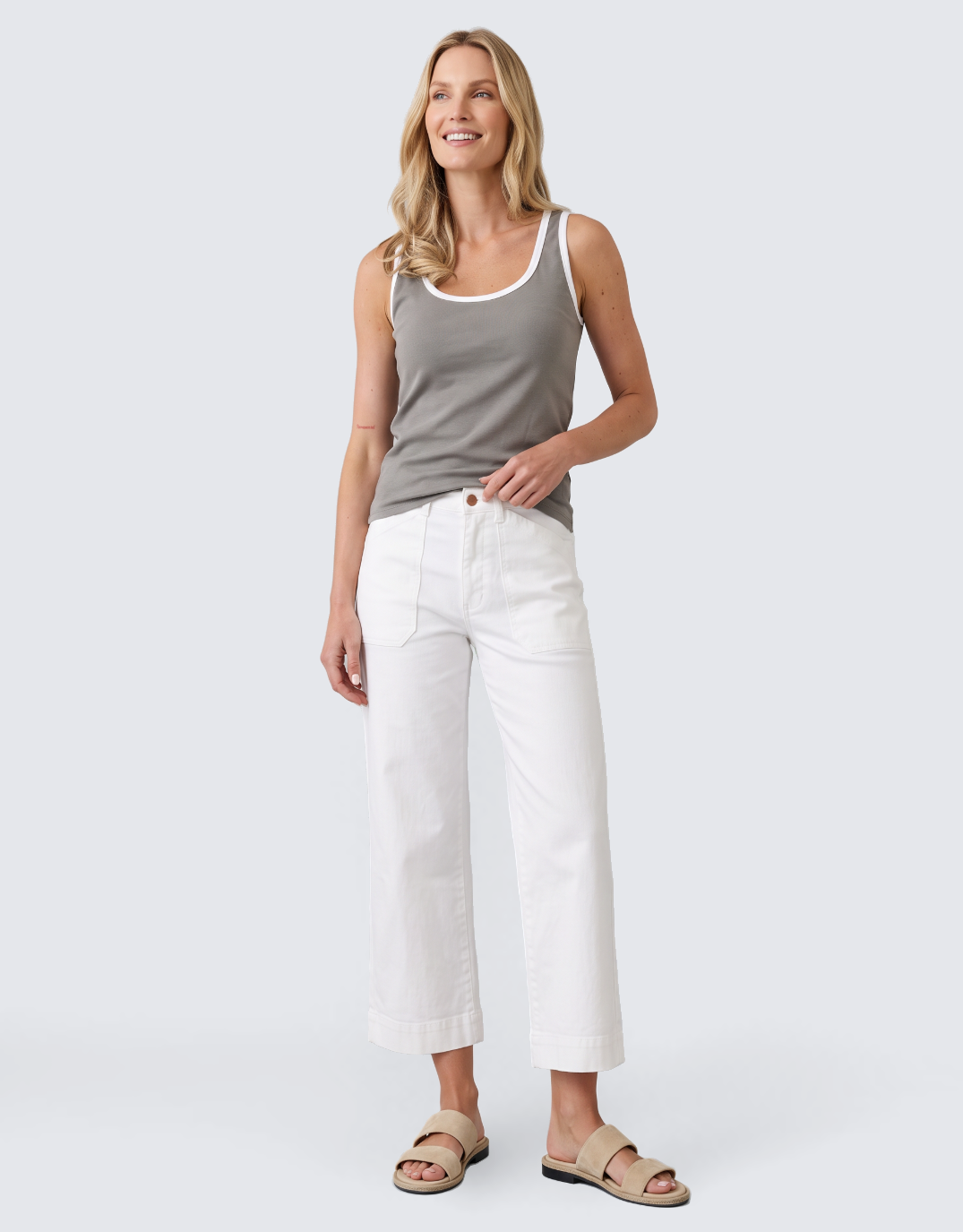 Talia Contrast Tank - Khaki/White