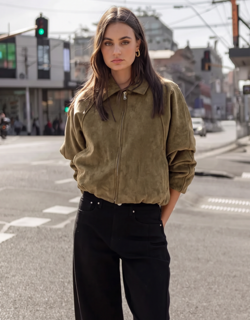 Troupe Faux Suede Zip Through Bubble Hem Bomber Jacket - Khaki