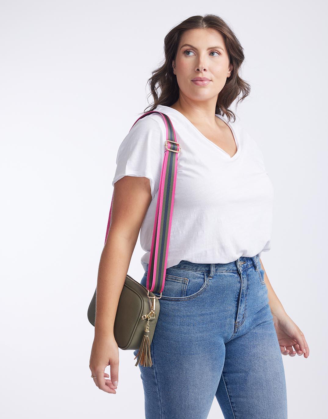 White & Co. - Zoe Crossbody Bag - Khaki with Khaki/Hot Pink Stripe - White & Co Living Accessories