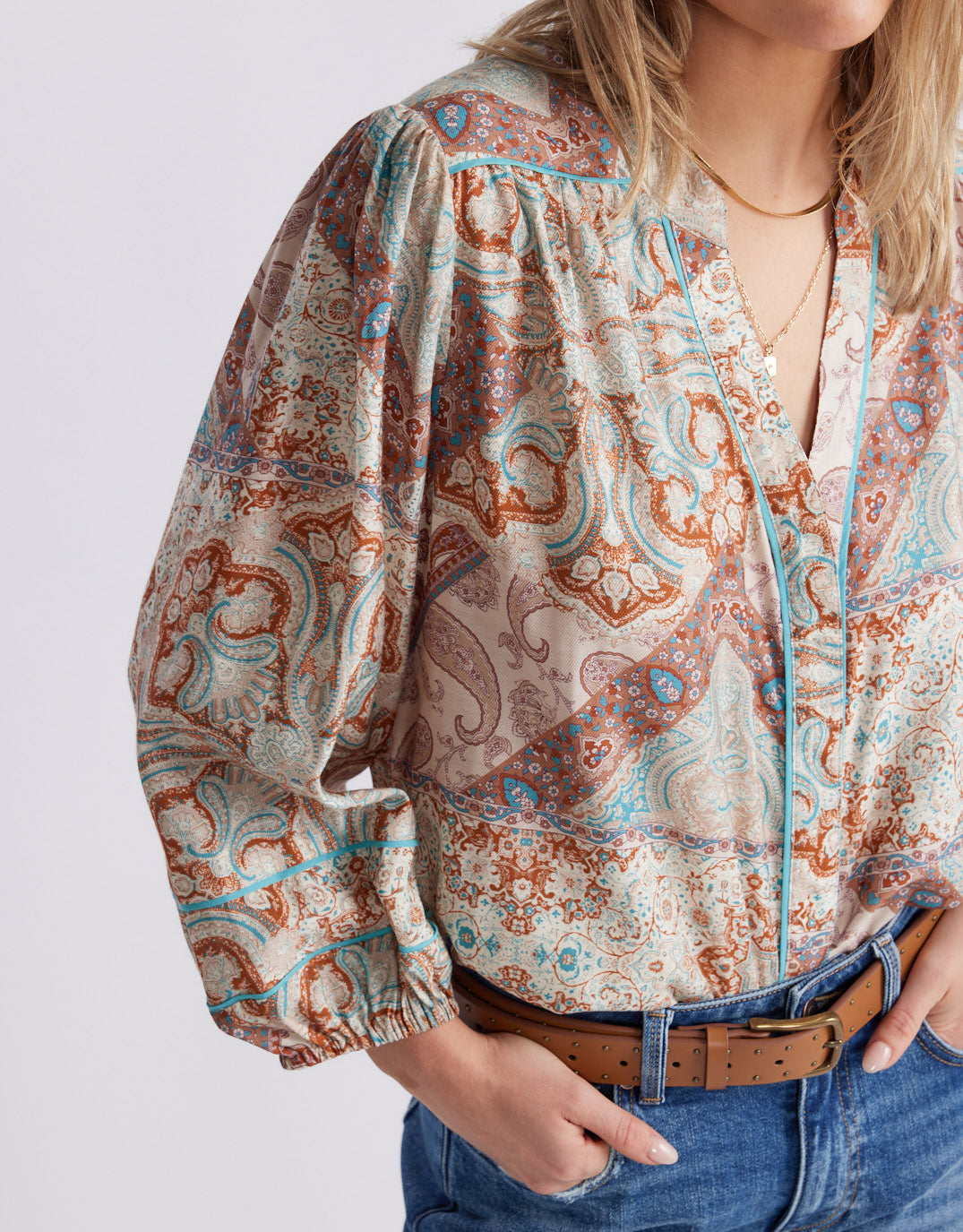 Mila Blouse - Turquoise / Choc Scarf Print