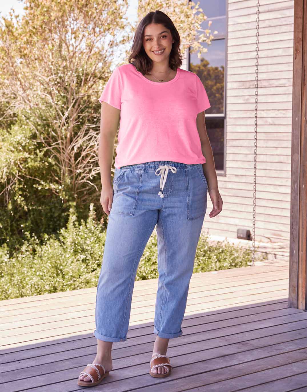 Sorbet Stripe Round Neck Tee - Neon Pink