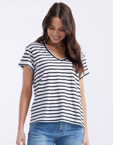 Turn Back V Neck T-Shirt - White/Black Stripe