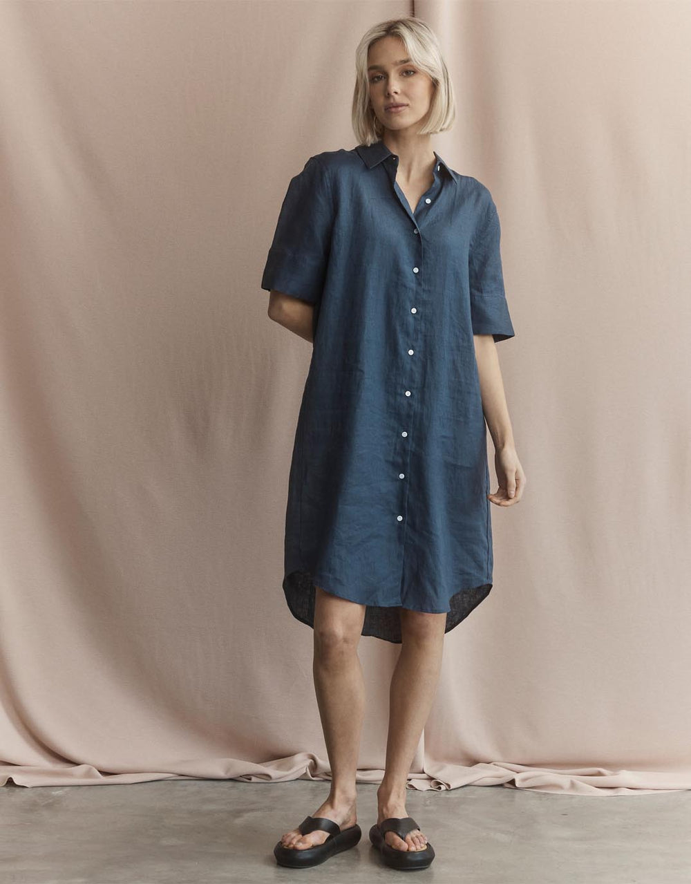 linen shirt dress nz Bottega Moda | Button Through Linen Shirt Dress With Pockets