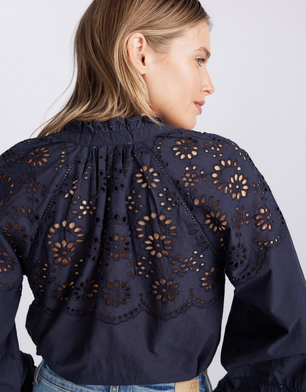 Fleur Broderie Blouse - Navy